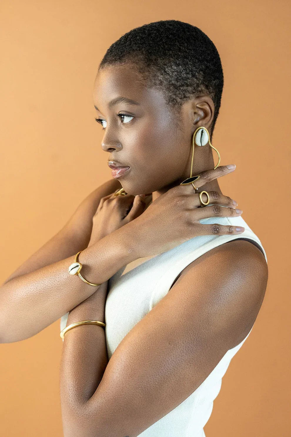 Cowrie Shell Recycled Brass Adjustable Bangle